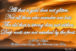 Lord of the Rings quotes on a gold scenic background