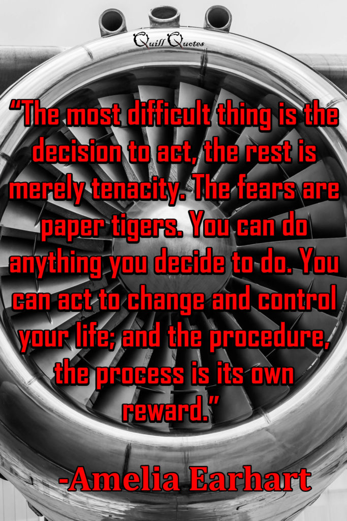 “The most difficult thing is the decision to act, the rest is merely tenacity. The fears are paper tigers. You can do anything you decide to do. You can act to change and control your life; and the procedure, the process is its own reward.” -Amelia Earhart