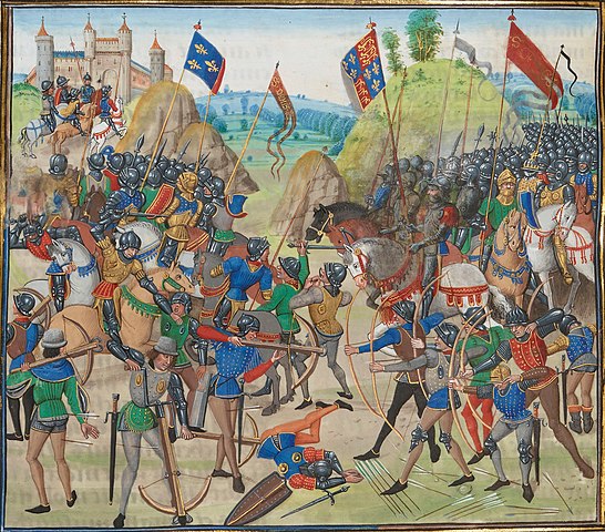 "Battle of Crécy between the English and French in the Hundred Years' War" painting by Jean Froissart