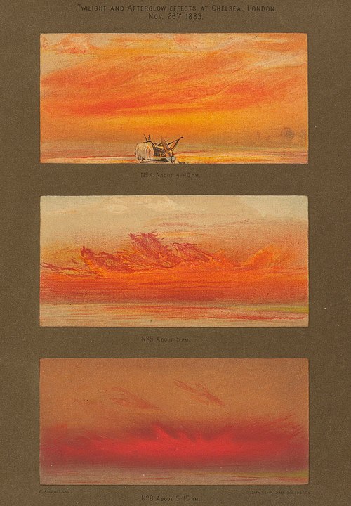 Illustrations showing the sky as it appeared over time in the afterglow of the 1883 Krakatoa eruption.