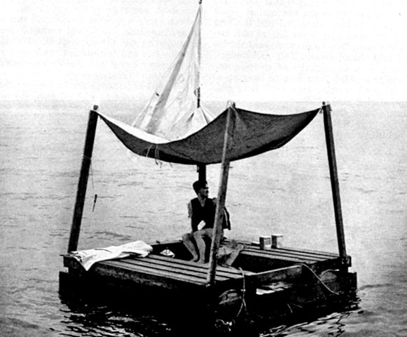 Photo of Poon Lim aboard his wooden life raft