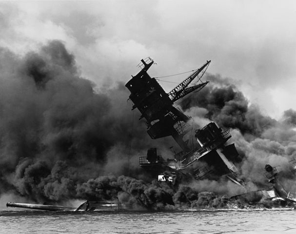 Photo of USS Arizona sinking during the attack on Pearl Harbor