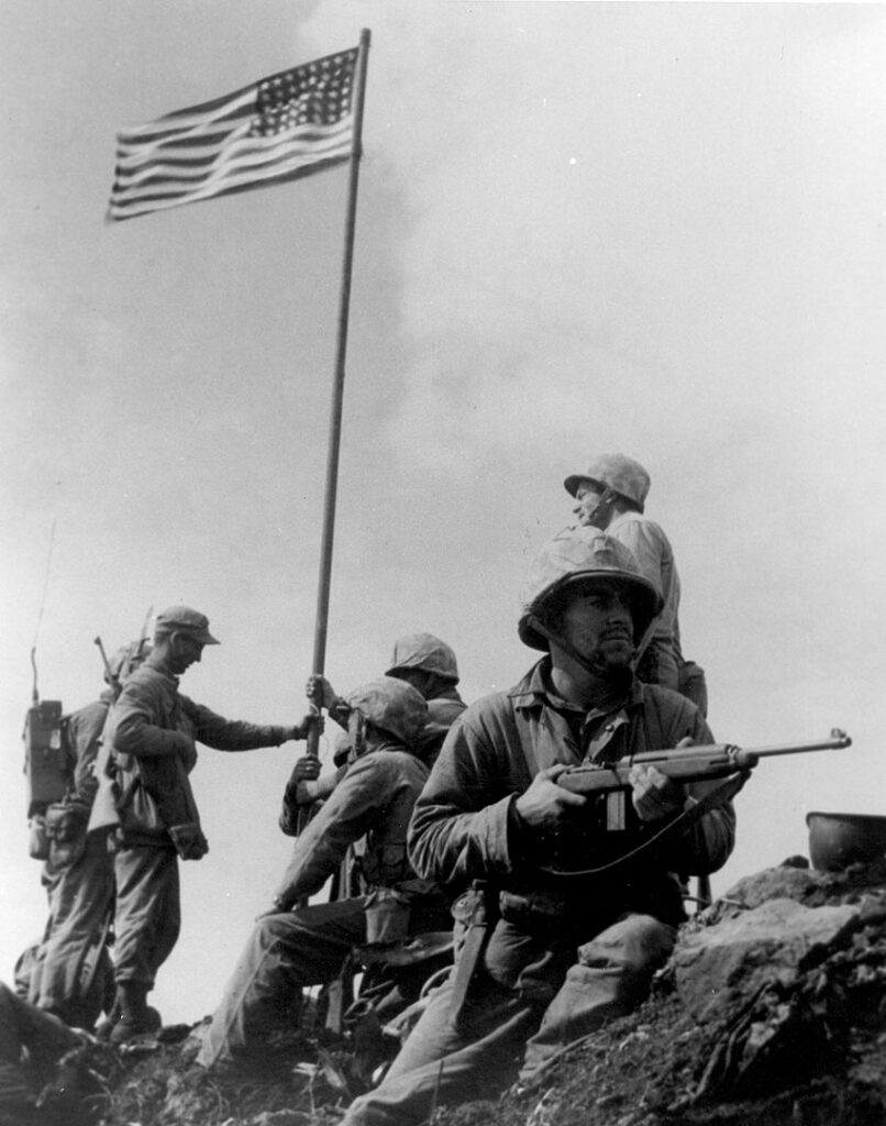 "Raising the First Flag on Iwo Jima" photo by SSgt. Louis R. Lowery, USMC