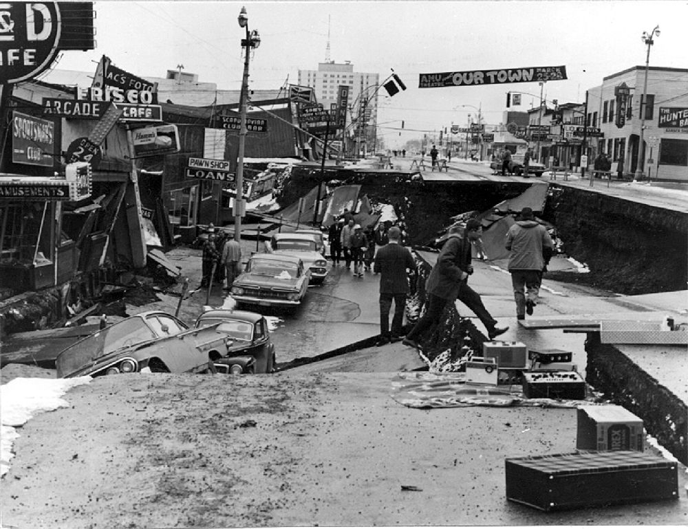 Photo of Fourth Avenue in Anchorage, Alaska, after the earthquake.
